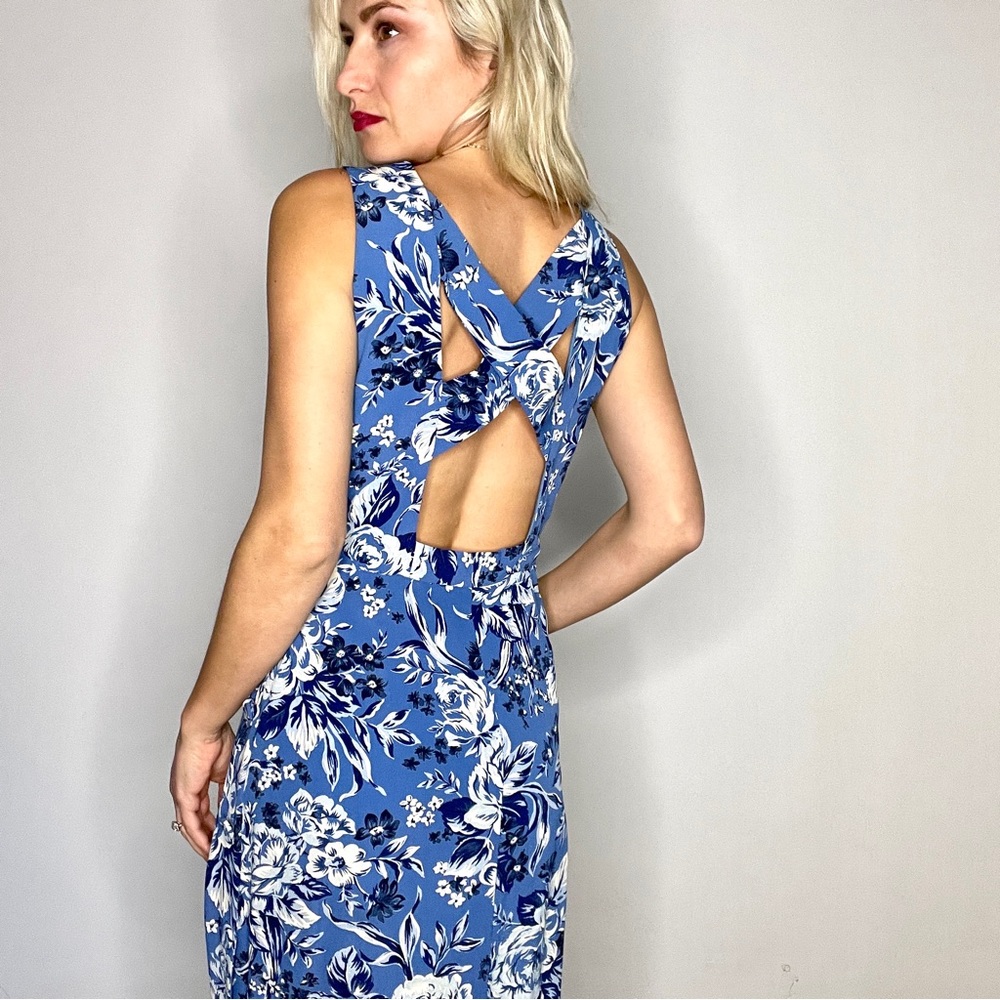 Vintage Blue and White Floral Cut Out Back Dress